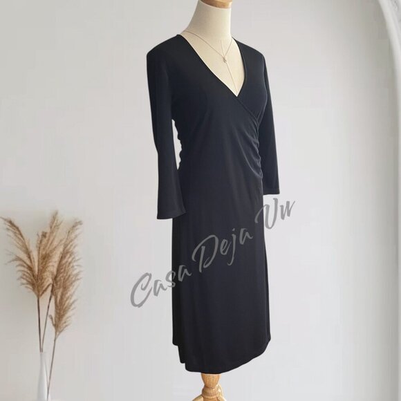 Classic Understated Isaac Mizrahi Surplice Long Sleeve Black Cocktail Dress - Picture 3 of 9